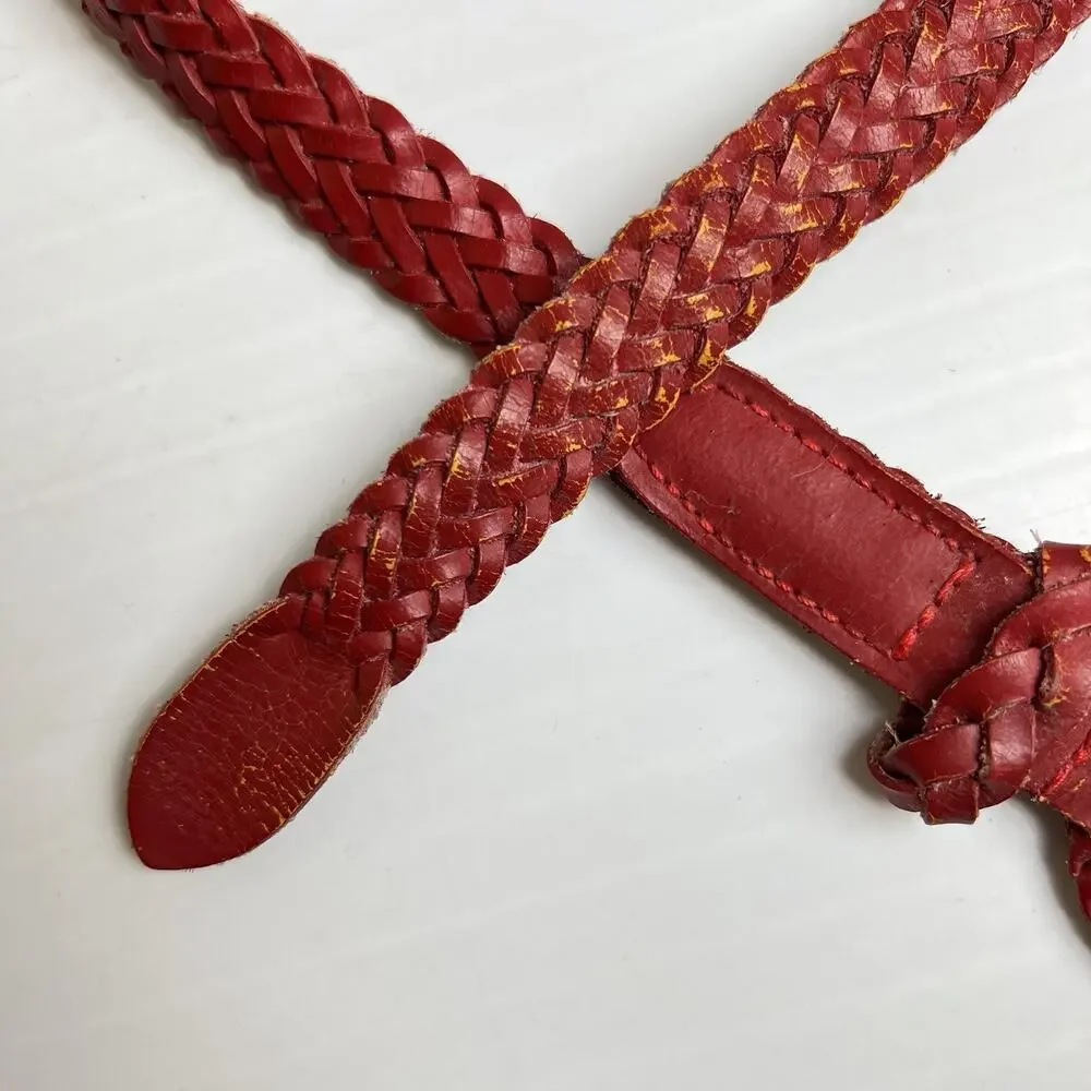 Vintage 90's Red Braided Leather Belt Adjustable 41